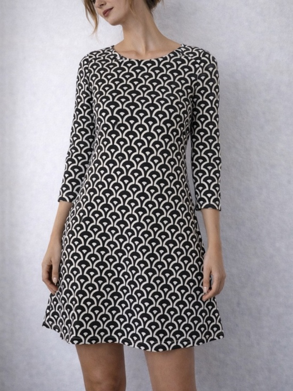 Barbara Gerwit Black White Geometric A-Line Dress 3/4 Sleeve XS‎ Mod Retro